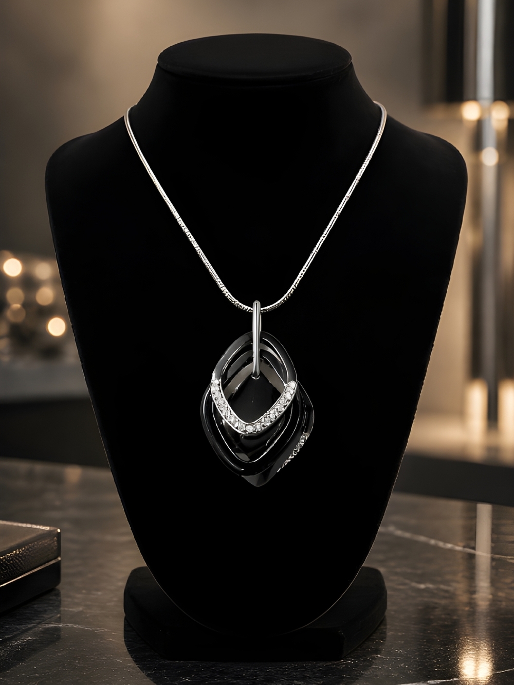 Black Crystal Accent Pendant Necklace in Silver Tone
